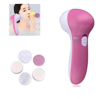 Pink electric facial cleanser device with 5 attachments for pore cleaning and blackhead removal, compact 130x70x48mm size