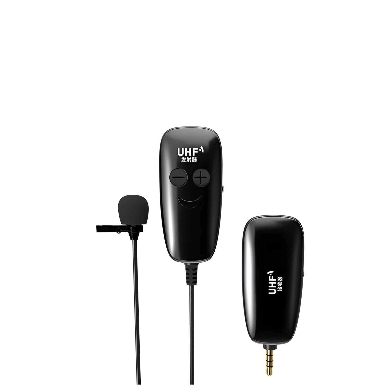 Black omnidirectional lavalier lapel microphone with a 3.5mm plug for mobile phones on a white background.