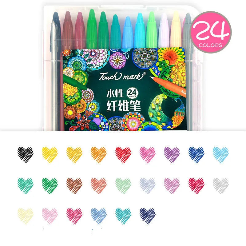 Touch Mark water-based fibre pen set with quick-dry ink in PVC barrel, shown in a selection of colour set options.