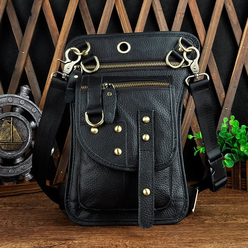 Men's black genuine cowhide leather fanny pack with zipper open showing internal phone and ID compartments