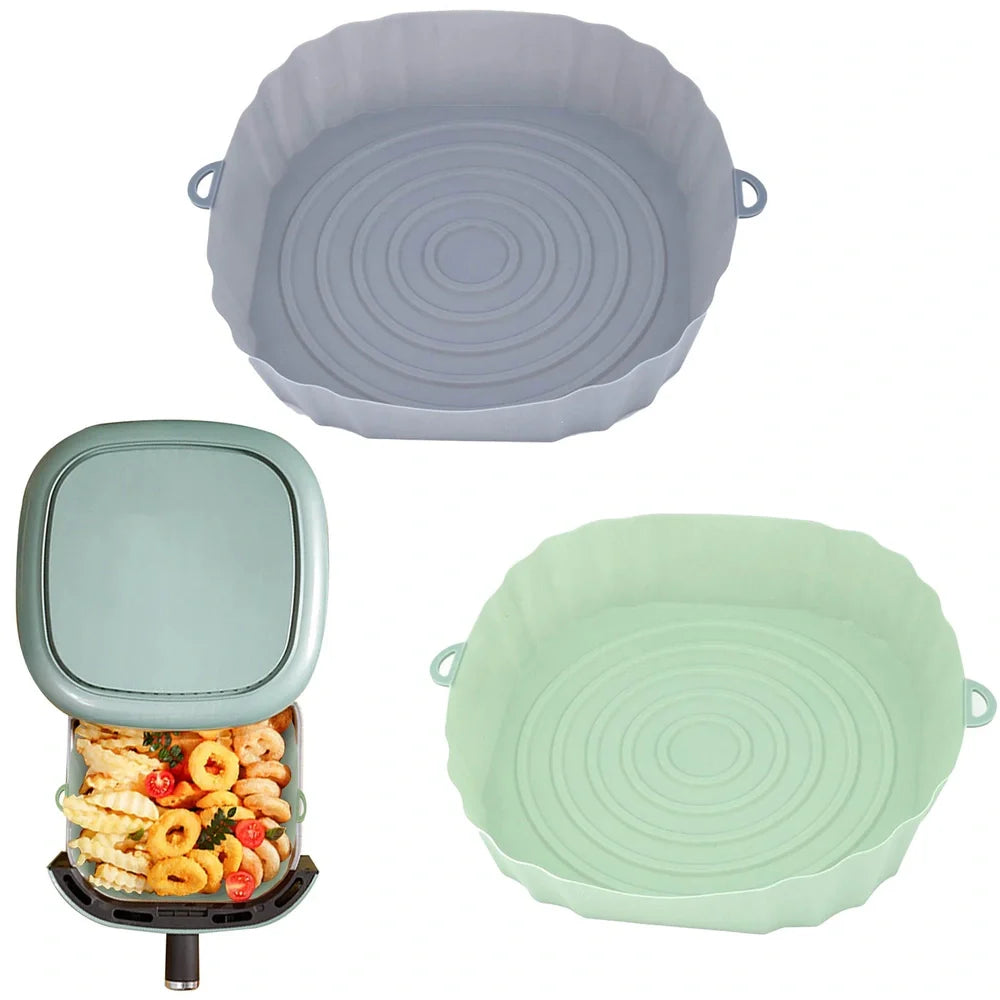 Silicone air fryer baking tray with 4.5cm depth in light grey, pink, brown or green