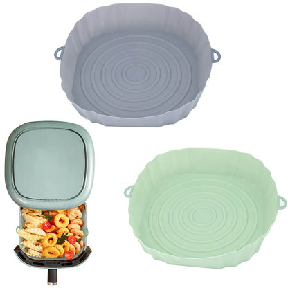 Silicone air fryer baking tray with 4.5cm depth in light grey, pink, brown or green
