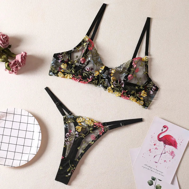 Floral mesh bra and T-back underwear set in skin colour on a mannequin