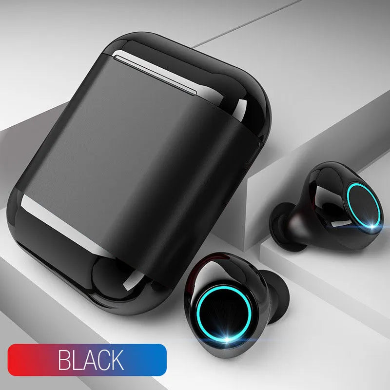 TWS wireless Bluetooth headset with Bluetooth 5.0 for calls, featuring double stereo earbuds, a 30-day standby time, 10-metre wireless range, and IP5X dust resistance, available in Black, Gold, and Light Grey.