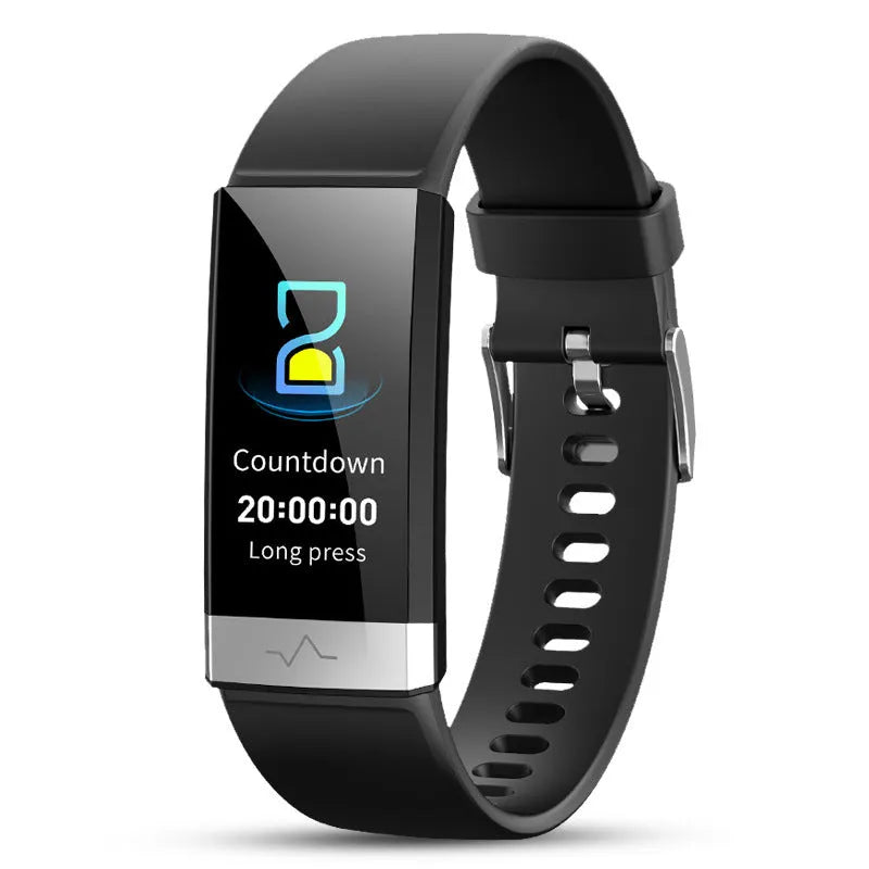V19 smart fitness tracker in black on a wrist, showing heart rate and SpO2 data on its colour screen.