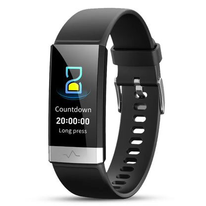 V19 smart fitness tracker in black on a wrist, showing heart rate and SpO2 data on its colour screen.