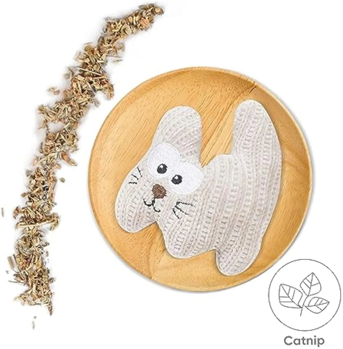 Cyan knitted plush cat toy with rope ends, shown next to a light coffee coloured version.