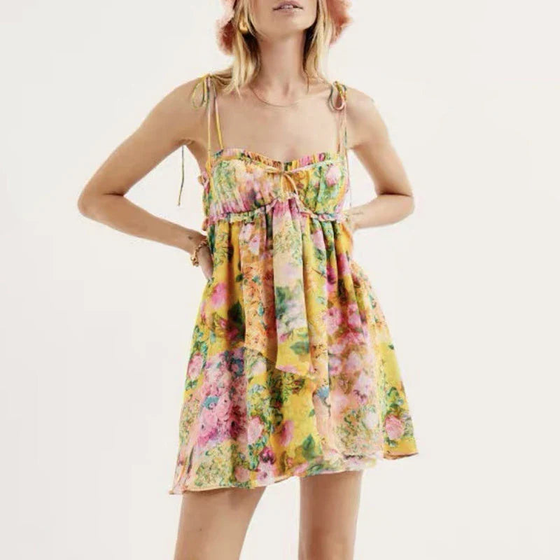 Stylish floral print suspender dress with ruffled A-line skirt and adjustable spaghetti straps for a customized fit