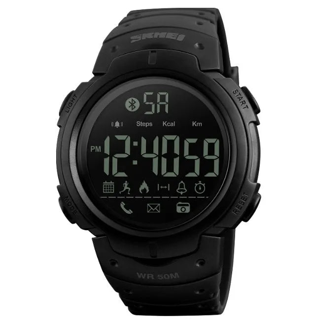 Men's black and army green Bluetooth smart watch with 50mm dial on PU strap.