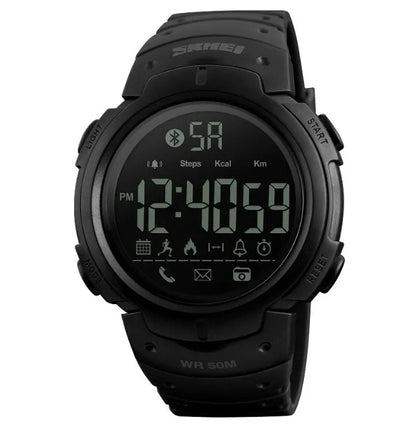 Men's black and army green Bluetooth smart watch with 50mm dial on PU strap.