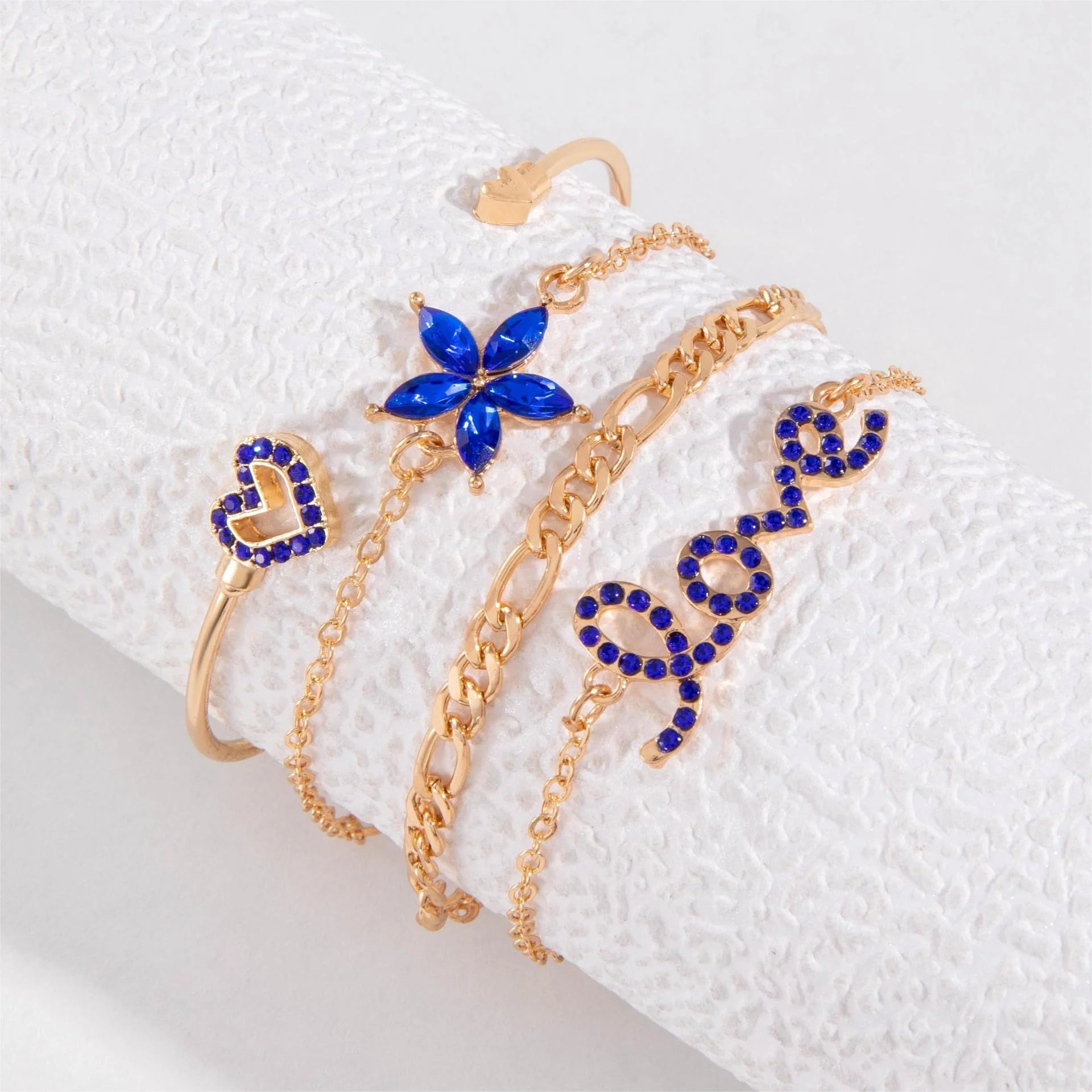 4-piece Blue Flower Love Butterfly Bracelet Set with sparkling rhinestones