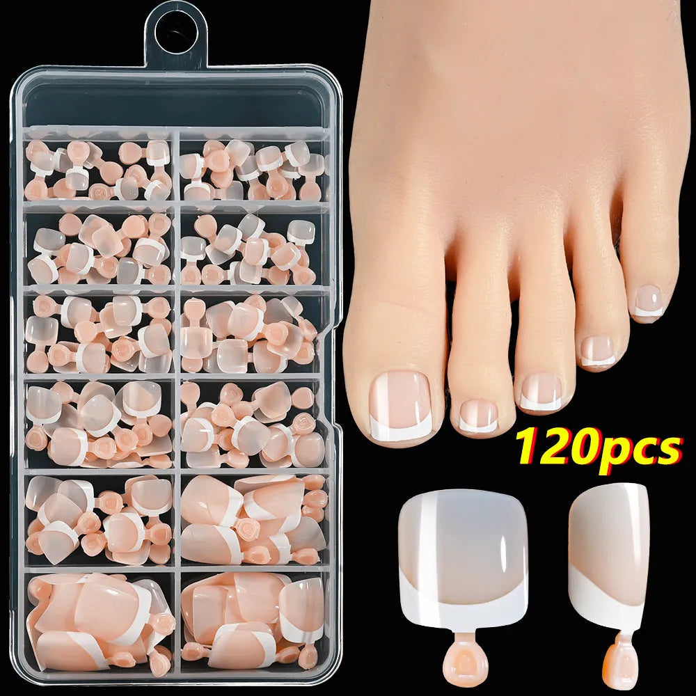 120-piece French white edge toenail pieces in nine natural nude shades, full square short shape for easy application