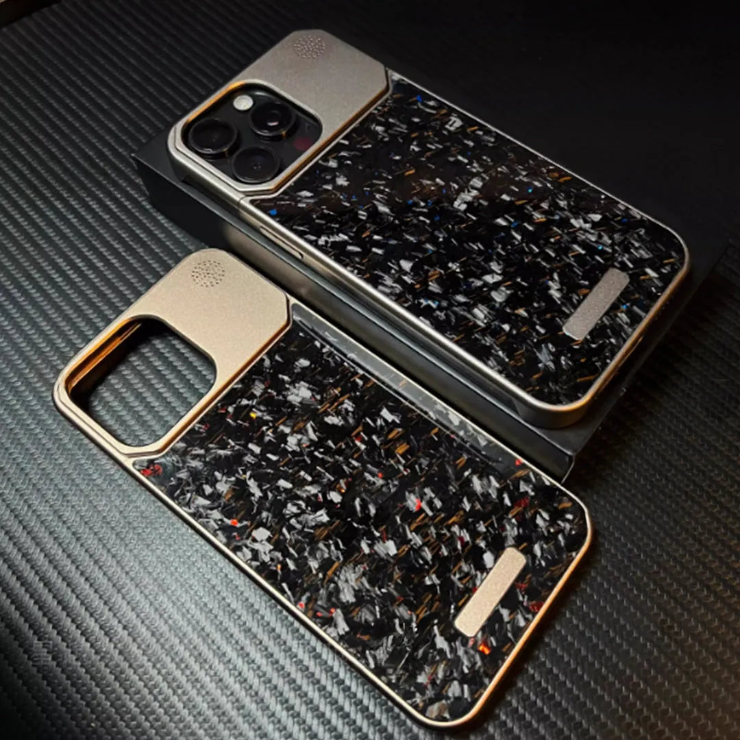 Frameless metal aromatherapy phone case with forged fiber pattern and magnetic charging for iPhone 15 Pro to 16 Pro Max