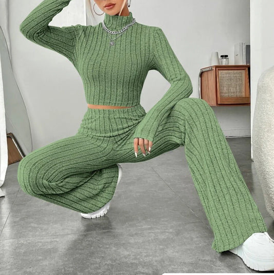 Women's cotton long sleeve turtleneck and wide leg high waist trousers suit in various colours