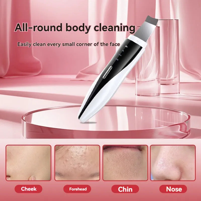 Ultrasonic electric beauty instrument in black and white with stainless steel scraper, USB charging, and four light modes.