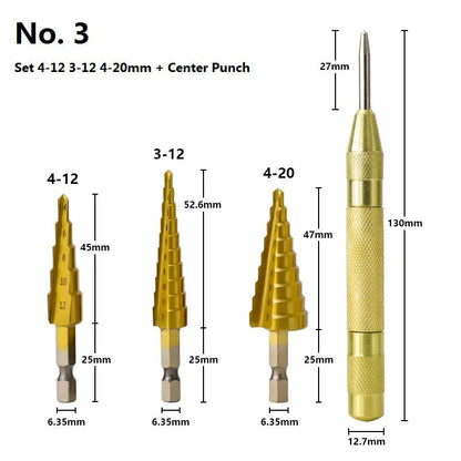 High-speed steel cone step drill bits and a centre punch laid out on a workbench.