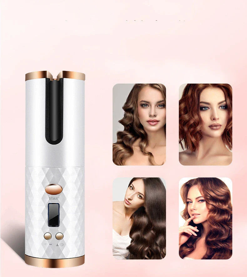 Cordless automatic hair curler with ceramic barrel, multi-directional curl capabilities, and rechargeable battery for salon-quality curls anytime, anywhere.