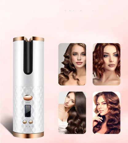 Cordless automatic hair curler with ceramic barrel, multi-directional curl capabilities, and rechargeable battery for salon-quality curls anytime, anywhere.