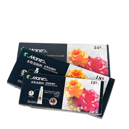 Gouache paint set with multiple coloured tubes in 12, 18, or 24 colour configurations
