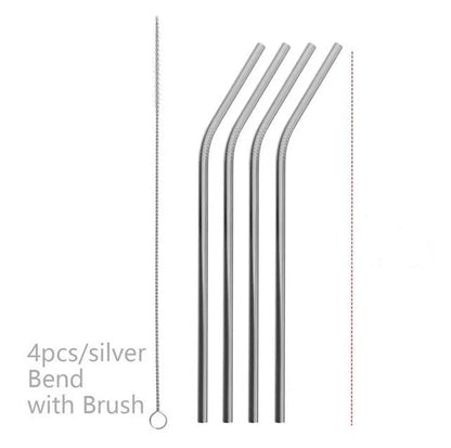 Colourful reusable stainless steel drinking straws with cleaning brush, perfect for eco-friendly sipping.