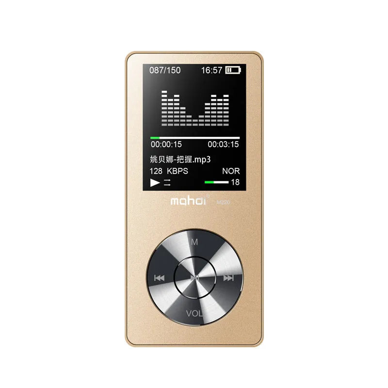 Slim gold metal MP3 player with 1.8-inch screen showing music menu, placed on a table.