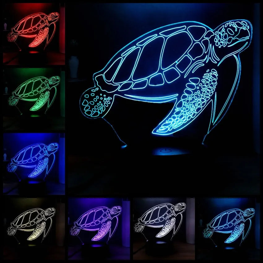 3D acrylic turtle-shaped LED night light showing one of its 16 colour options on a bedroom shelf.