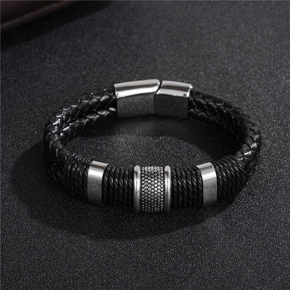 Men's black braid woven leather and titanium stainless steel bracelet