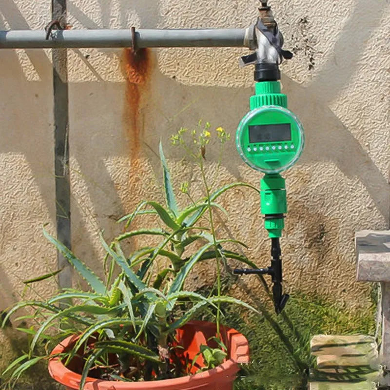 Green automatic watering timer for drip irrigation systems with household water flow compatibility