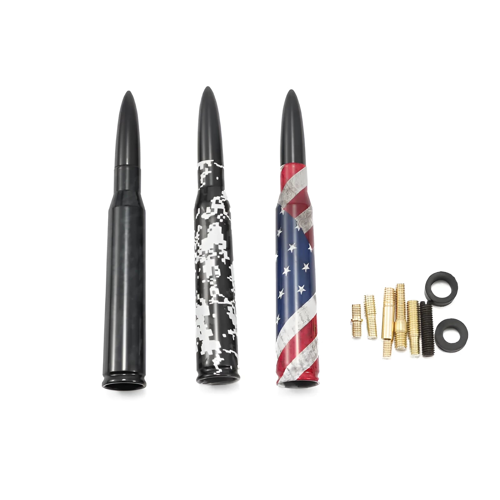 14cm long bullet car antenna shown in colour black, camouflage green, and American flag designs.