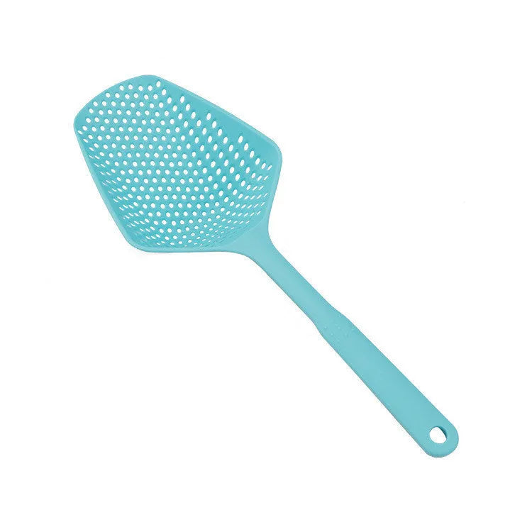 Large black nylon strainer scoop with long handle for draining food from hot pans in the kitchen.