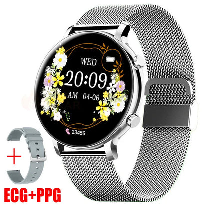 Bluetooth call smartwatch with stainless steel strap showing heart rate monitoring on screen