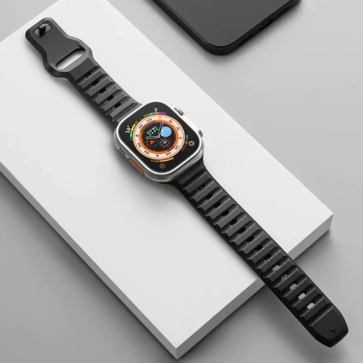 Fluoro rubber Apple Watch strap with T-buckle closure in black, orange, grey, starlight, pink or blue
