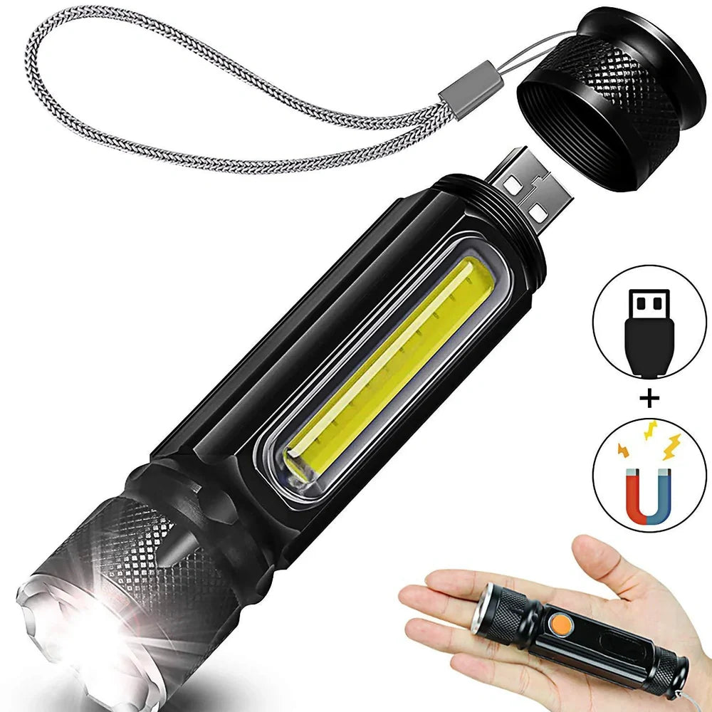 Black Soringrad multifunctional aluminium flashlight with COB and T6 lamp beads, magnet base, 200m range for hiking and camping