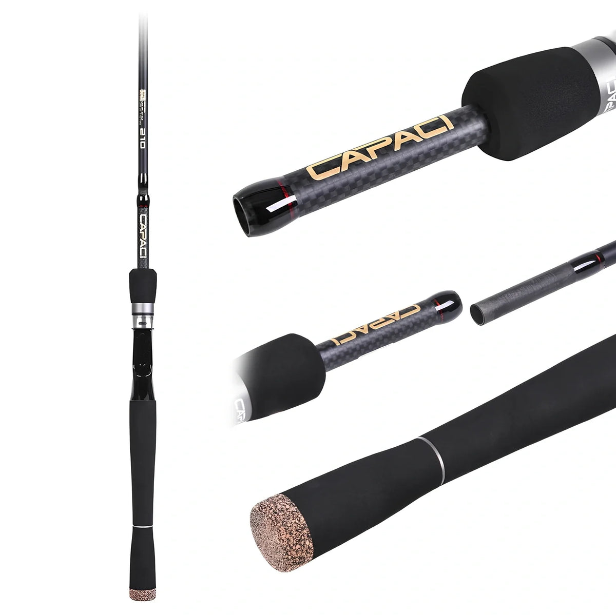 Carbon straight gun handle perch sea fishing rod showing 2.1m to 2.7m length options with multi-section design