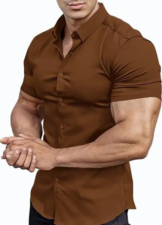Men's short sleeve printed shirt with collar in brown, available in sizes S to 5XL