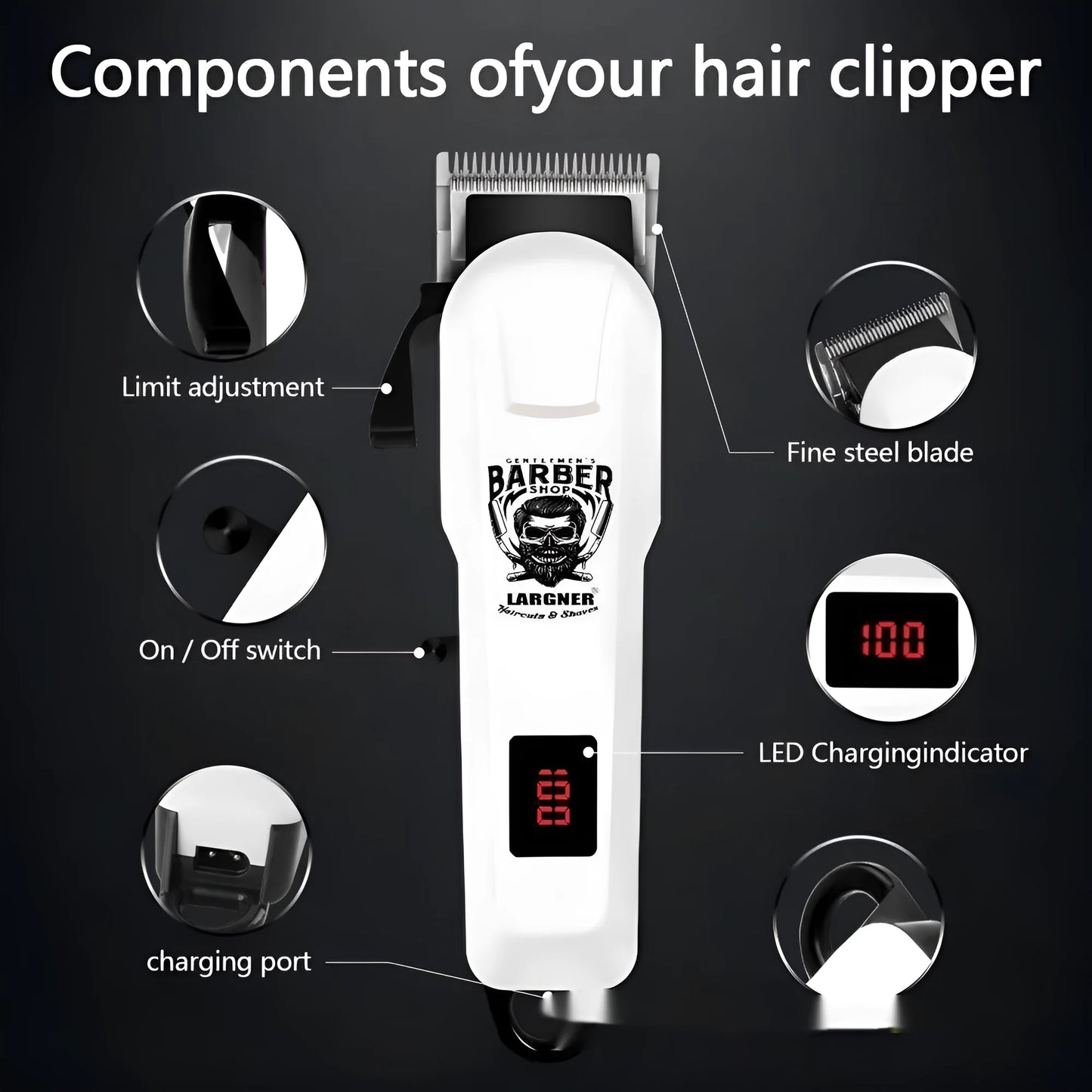 Rechargeable stainless steel hair clipper kit with USB cable on a table