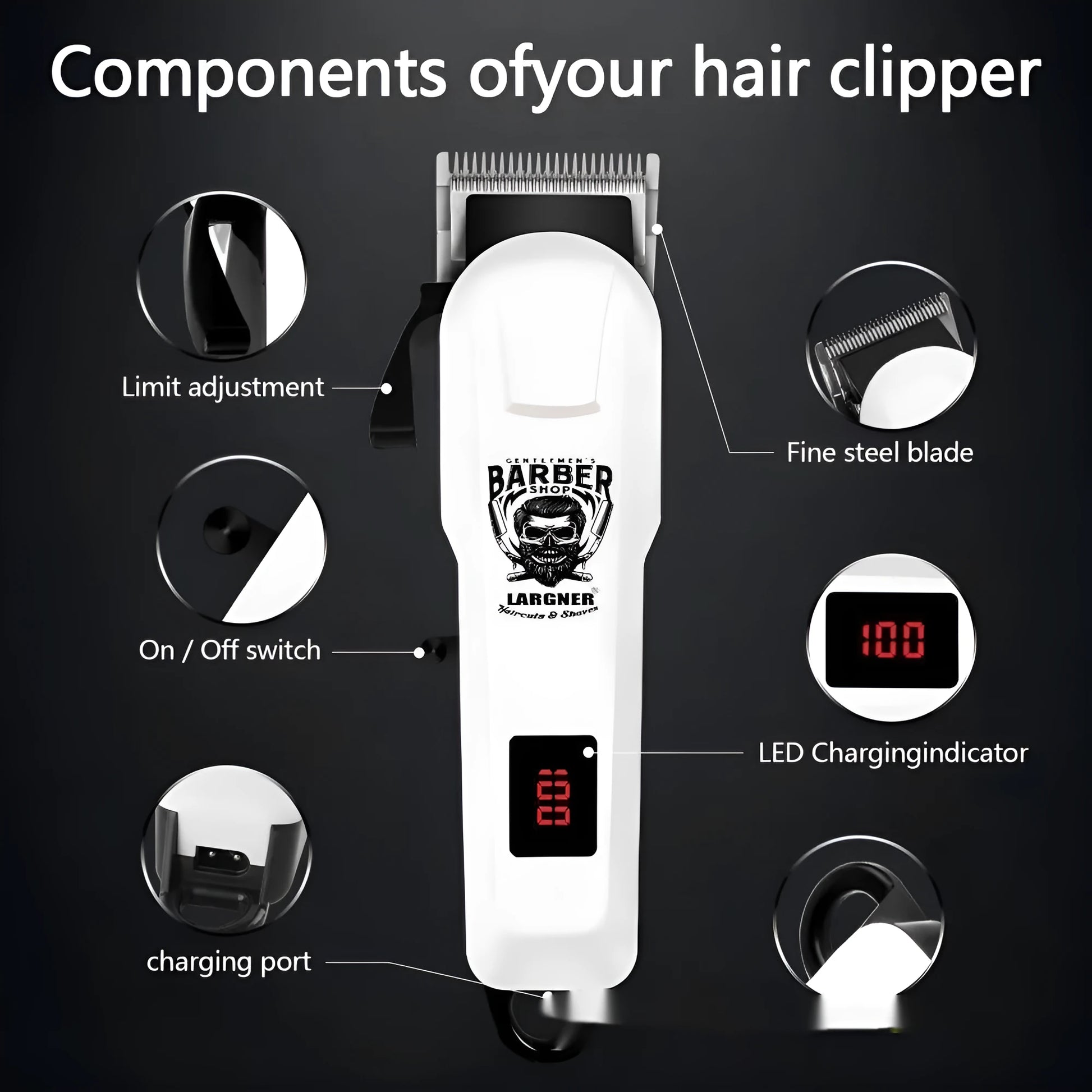 Rechargeable stainless steel hair clipper kit with USB cable on a table