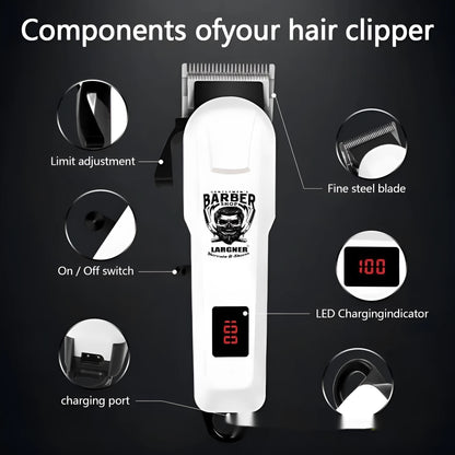 Rechargeable stainless steel hair clipper kit with USB cable on a table