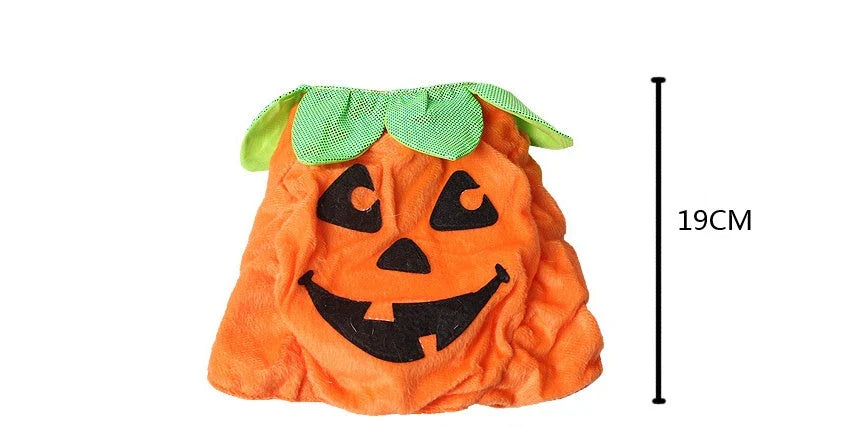 Pumpkin-themed Halloween costume for cats, featuring a plush hat and dress with vibrant patterns and leaf accents
