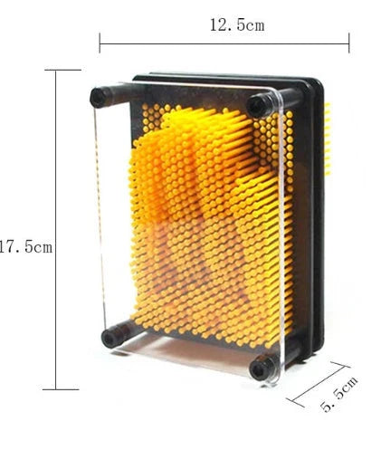 A customizable 3D sculpture impression frame with an array of pins that can capture the contours of any object pressed into it.