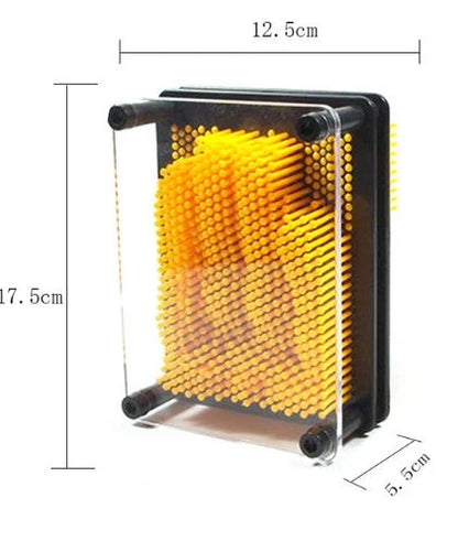 A customizable 3D sculpture impression frame with an array of pins that can capture the contours of any object pressed into it.