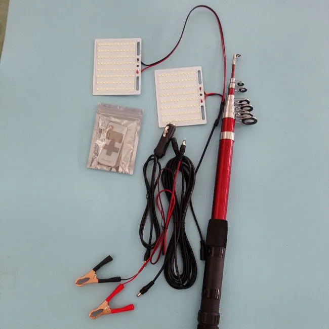 White LED fishing rod light unit with remote control, mounted on a rod for night fishing illumination.