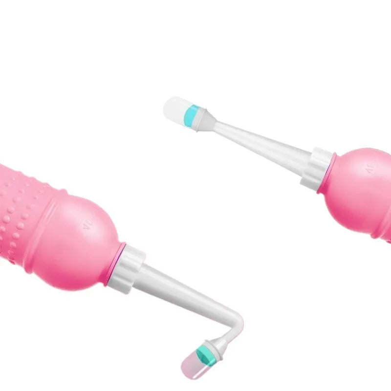 Pink female private parts cleaning device with dual nozzle head and storage bag