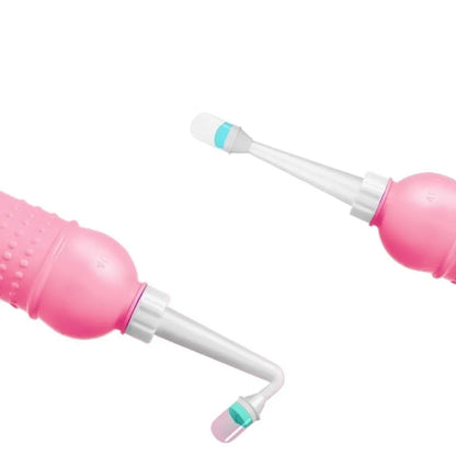 Pink female private parts cleaning device with dual nozzle head and storage bag