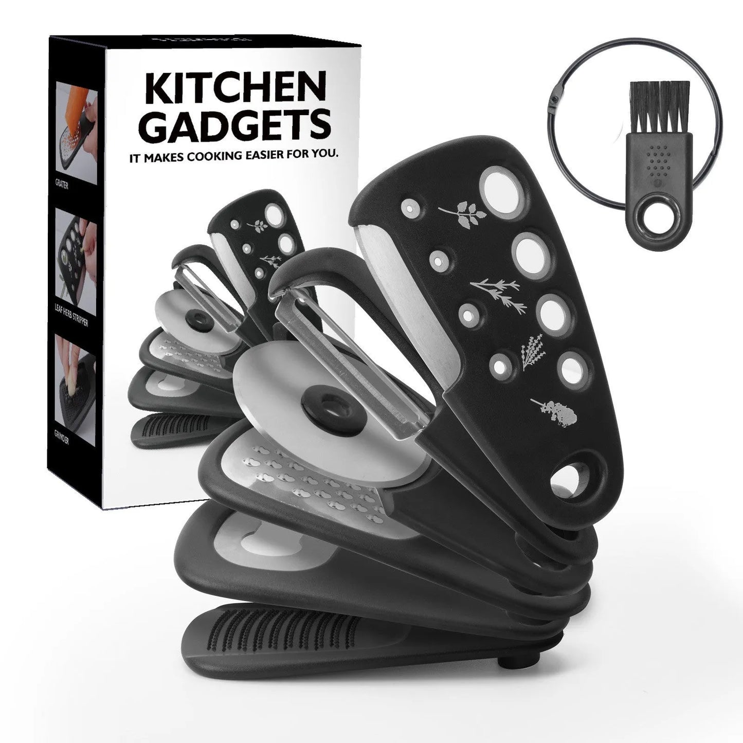 Six stackable kitchen widgets and a cleaning brush in a colour box, showing modern design