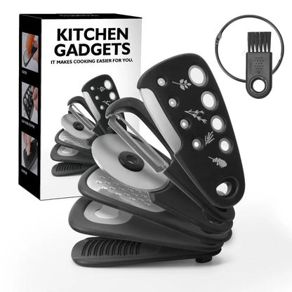 Six stackable kitchen widgets and a cleaning brush in a colour box, showing modern design