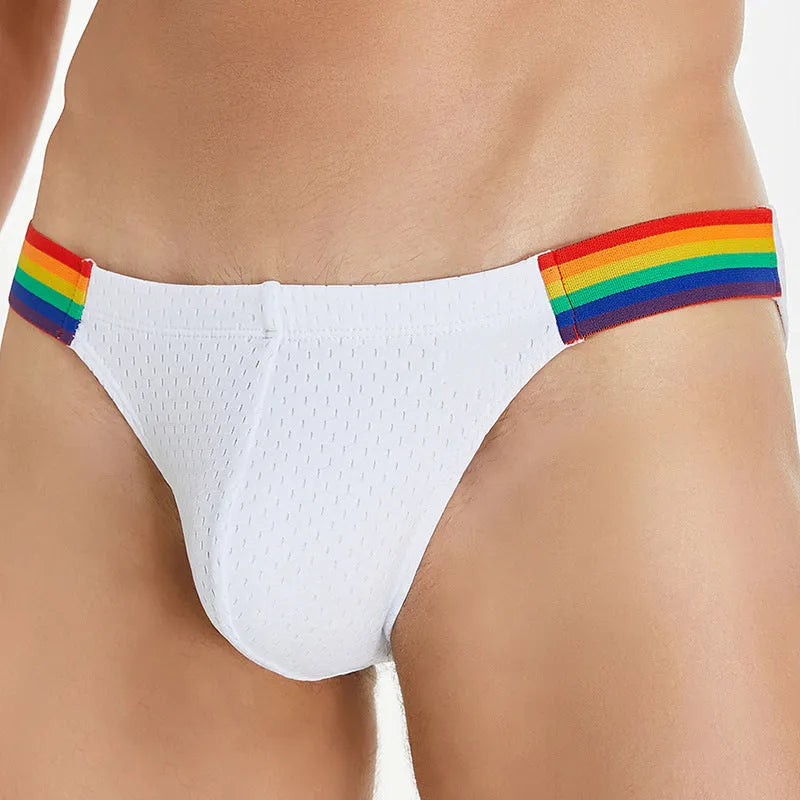 Men's black nylon mesh briefs with a low waist and multicoloured rainbow waistband