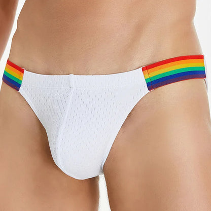 Men's black nylon mesh briefs with a low waist and multicoloured rainbow waistband