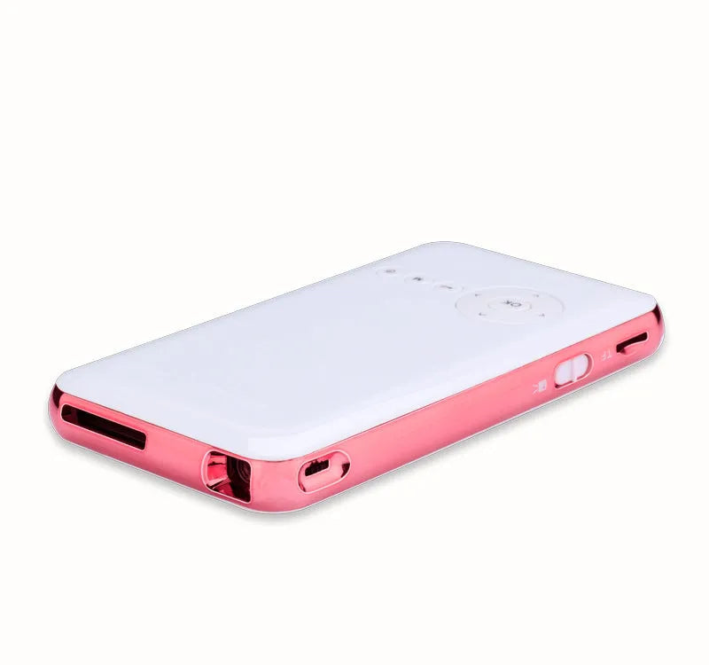 White and rose gold M6S miniature portable Android projector showing compact dimensions next to smartphone for scale