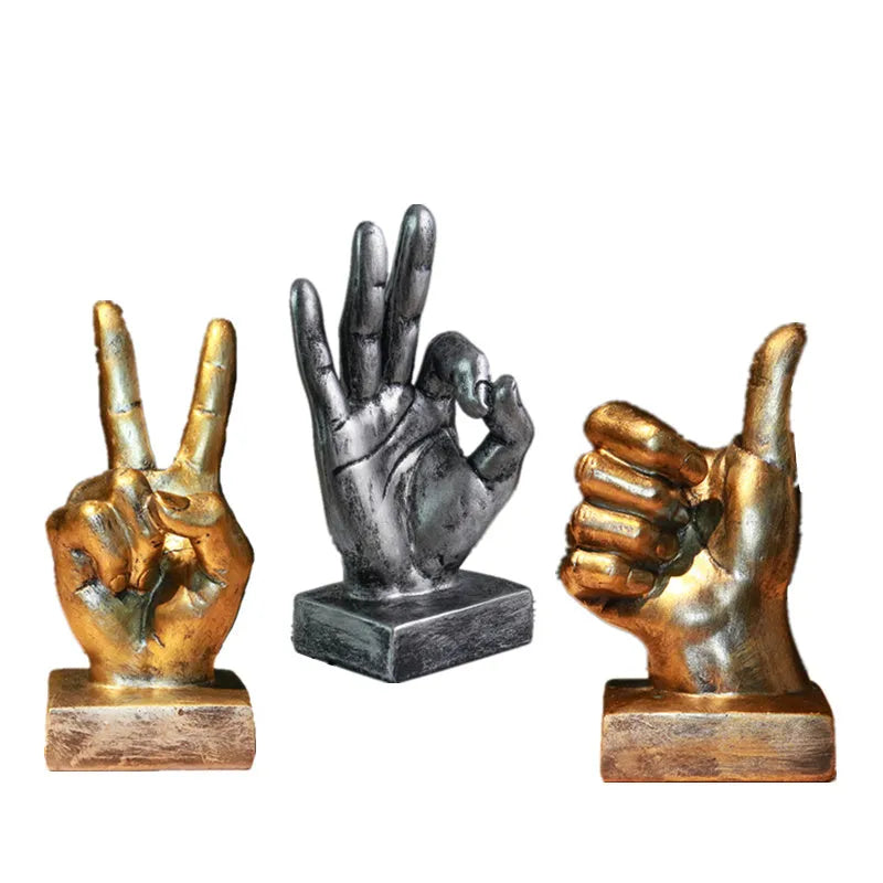 Resin gesture ornaments for desktop decoration, featuring bronze and silver finishes with semi-manual craft, designed for blessing scenes in living room spaces.